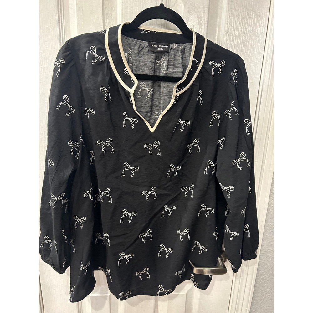 Lane Bryant‎ Blouse Black Bow Print V-Neck Long Sleeve Plus Size 14/16 Top